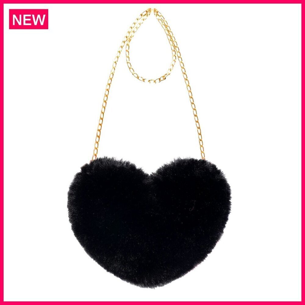 Faux Fur Heart Clutch Purse with Detachable Chain, 8x9.5 Inches, for Women